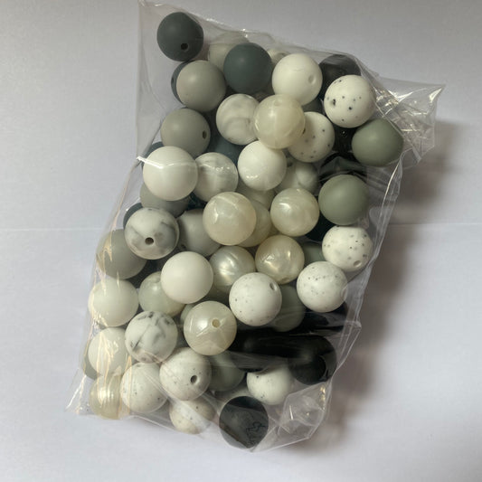 15mm Silicone Round Bead Pack | Shades of Monochrome 🩶