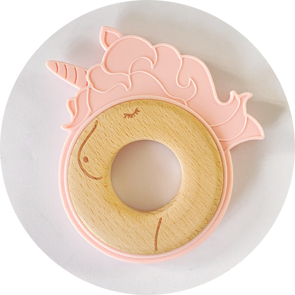 Silicone & Wooden Pink Unicorn Teether