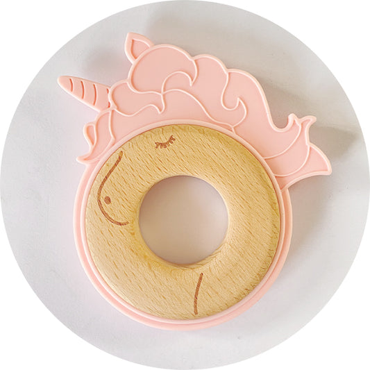 Silicone & Wooden Pink Unicorn Teether