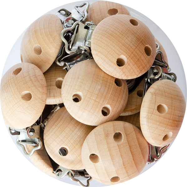 30mm Beech Round Wood Pacifier Clips (Holes)