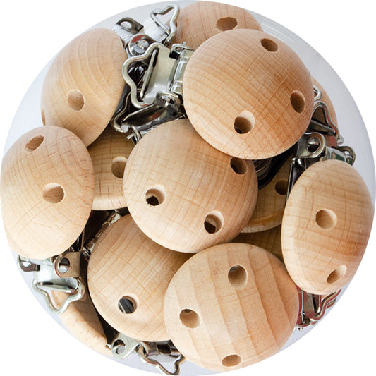 30mm Beech Round Wood Pacifier Clips (Holes)